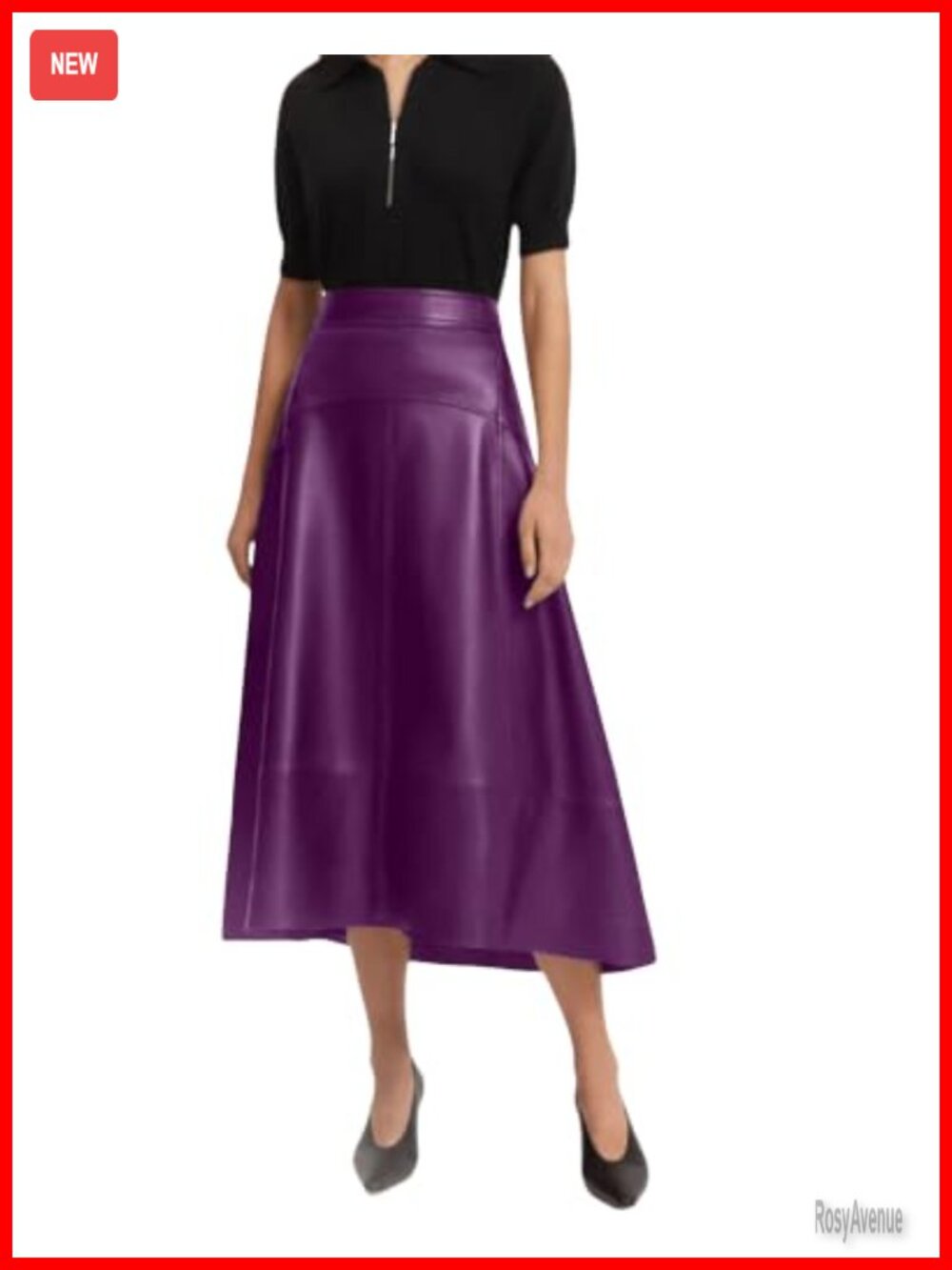 Genuine Lambskin Leather A-Line High Waist Midi Skirt